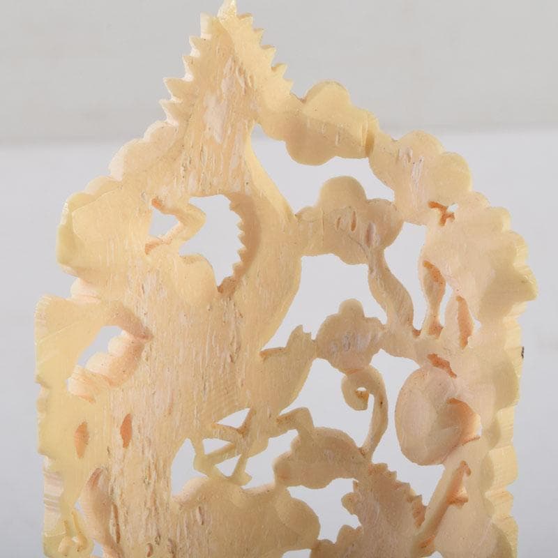 中国　獣骨製　雲龍透かし彫　硯屏　置物　唐木台付　N　9110