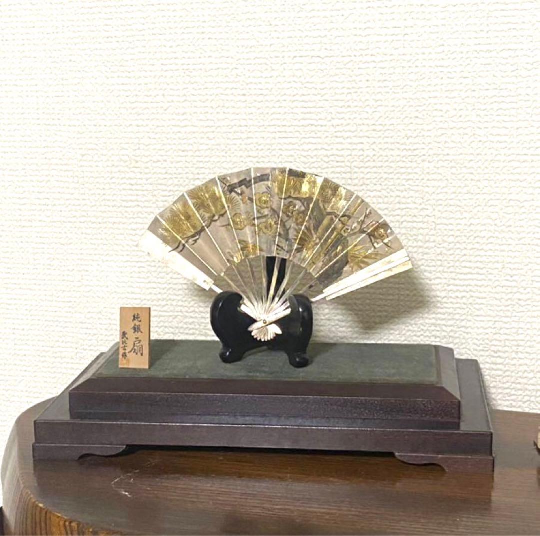 武比古作 純銀製 扇 松竹梅 ガラスケース付 置物 緣起物