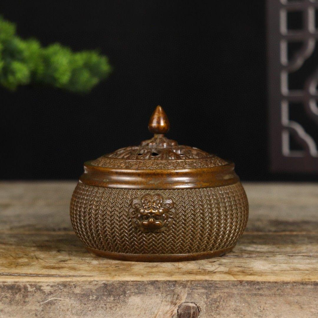 双獅耳竹細工蓋薫香炉 铜香炉 茶道置物