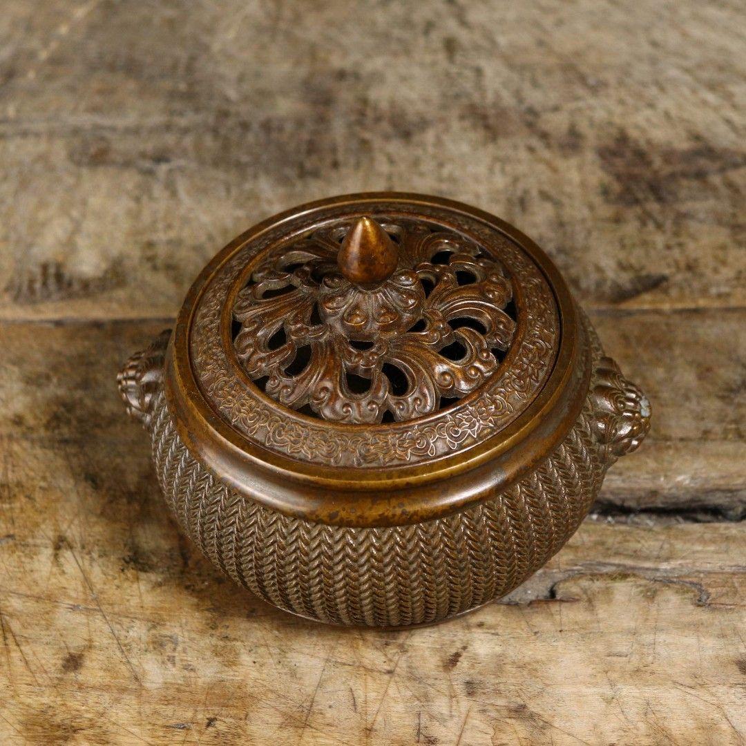 双獅耳竹細工蓋薫香炉 铜香炉 茶道置物