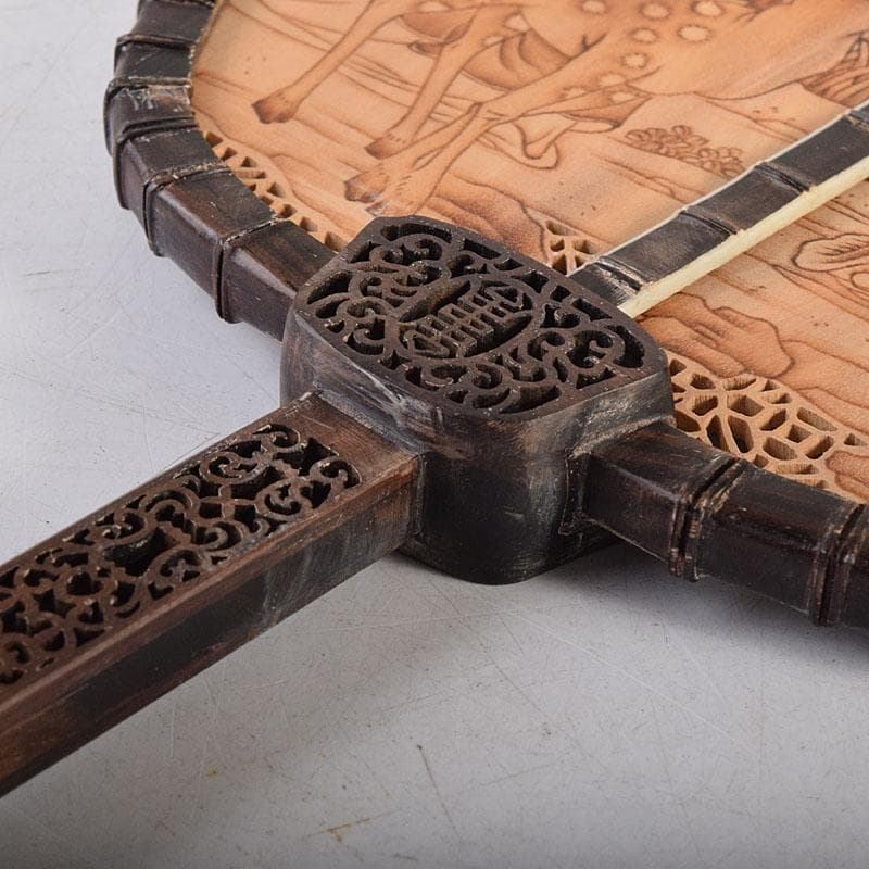 中国　唐木紫檀枠　山水人物彫　檀香宮扇　団扇　証明書付　C　8311