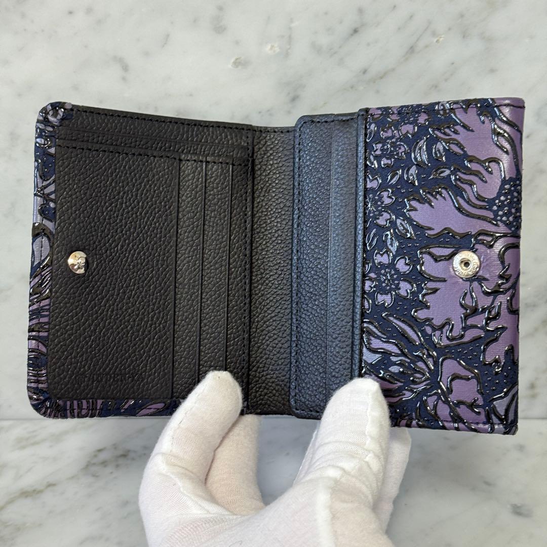 新品 未使用 印傳インデンヤ フロニティ 二つ折り財布 花柄 紫 パープル