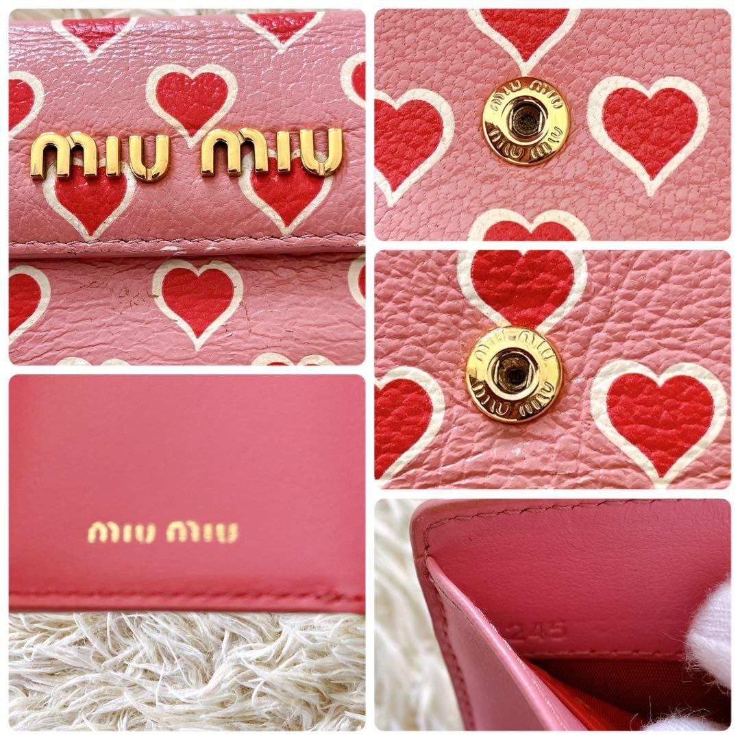 ミュウミュウ 三つ折り財布 コンパクトウォレット ピンク パターンハート 総柄