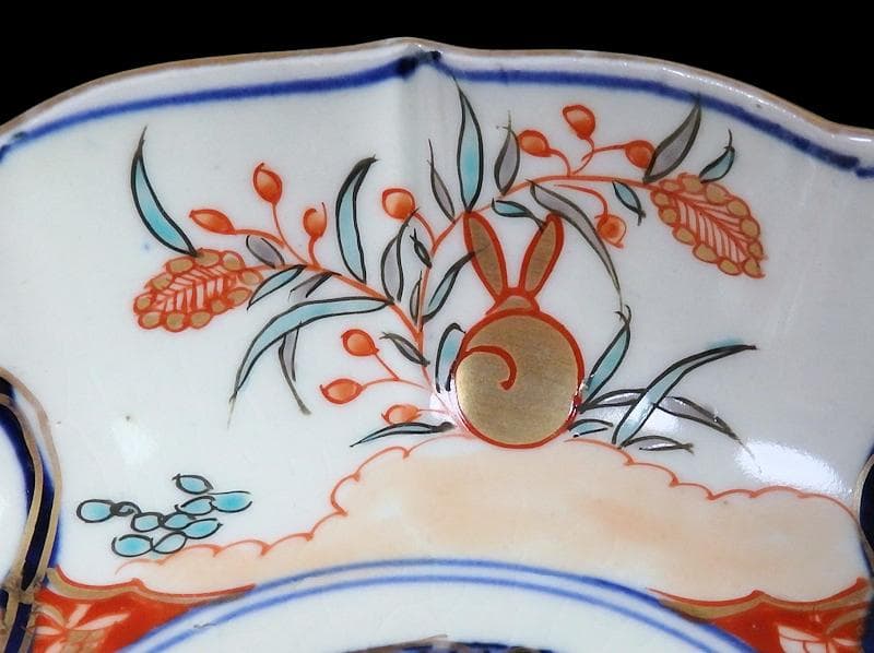 古伊万里　色絵　窓絵獅子　秋草に兎の図　膾皿　５客　D049AS-DBj