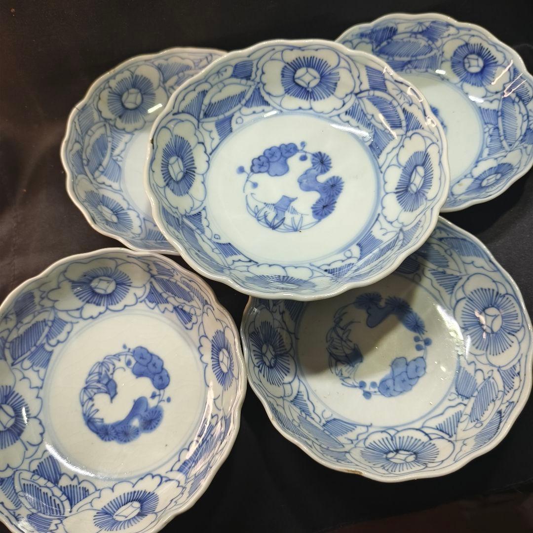 古伊万里 染付け膾皿 なます皿 松竹梅 手描き 在銘 旧家蔵出美品 未使用骨董