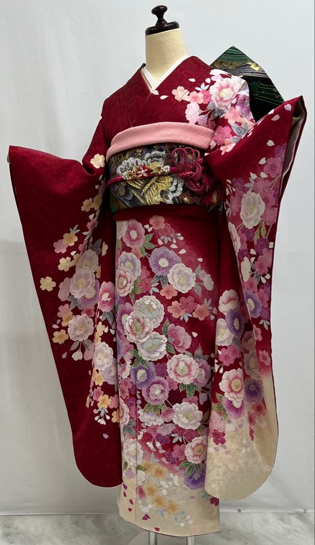 振り袖　フルセット　金彩加工　長襦袢付　刺繍入り　金通し　赤　花　664