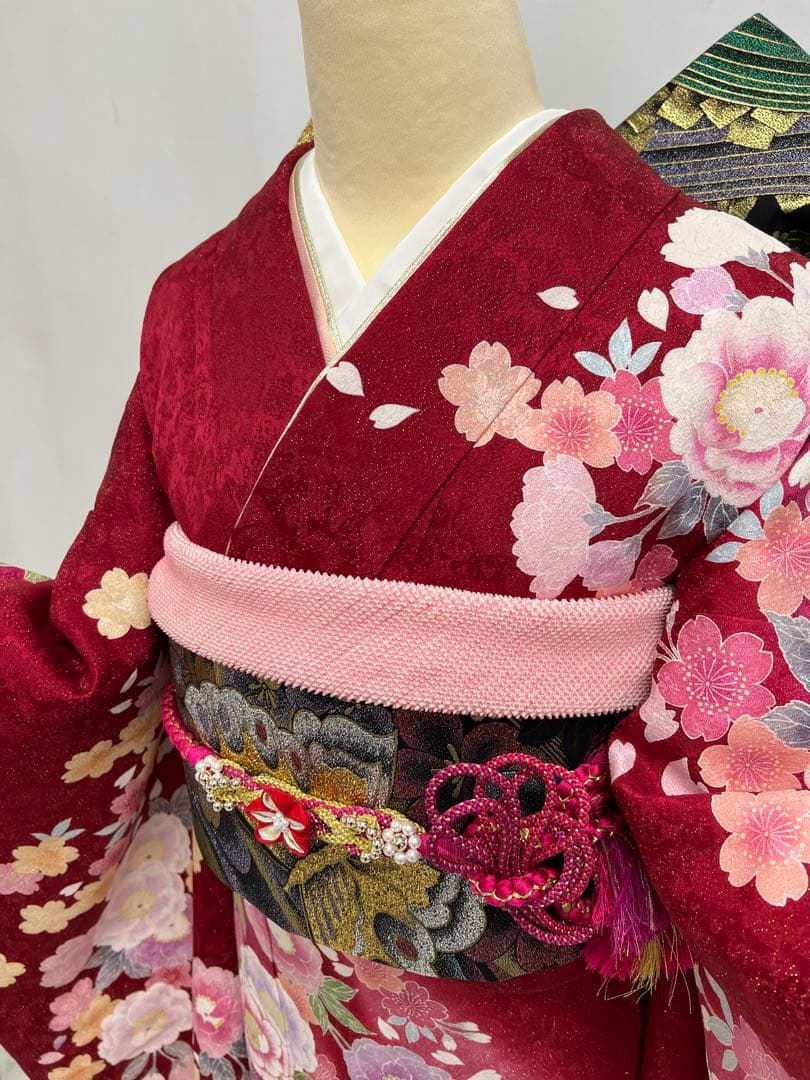 振り袖　フルセット　金彩加工　長襦袢付　刺繍入り　金通し　赤　花　664