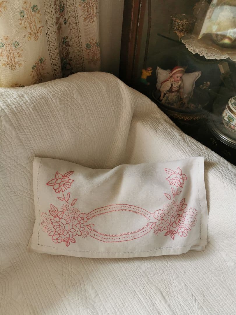 アンティークフランス 薔薇紫陽花赤糸刺繍 ランジェリーケース リネンピローカバー