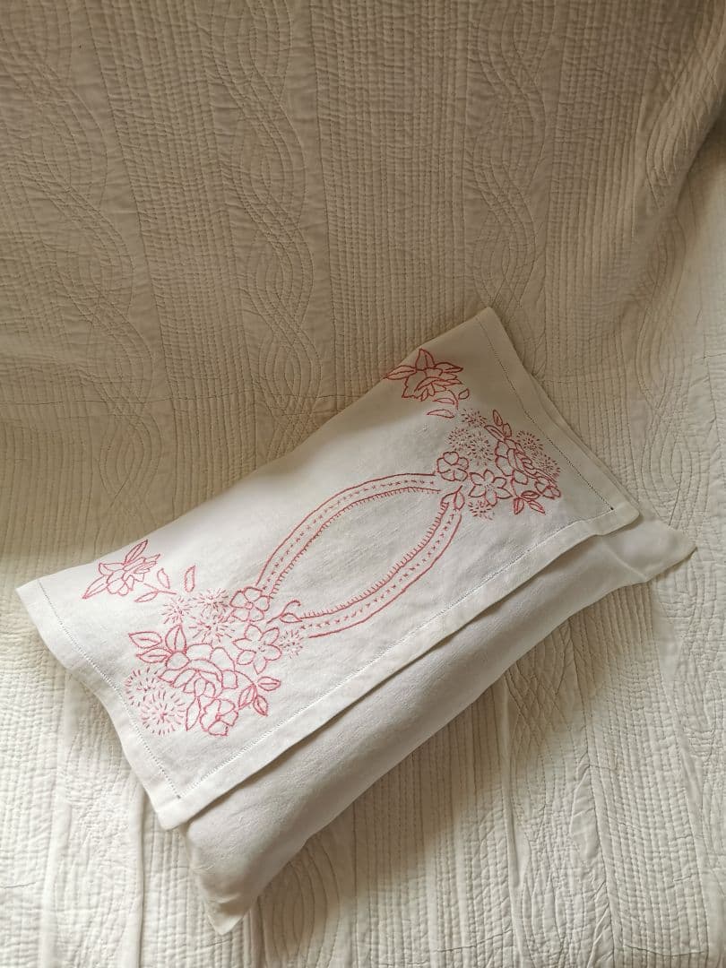 アンティークフランス 薔薇紫陽花赤糸刺繍 ランジェリーケース リネンピローカバー