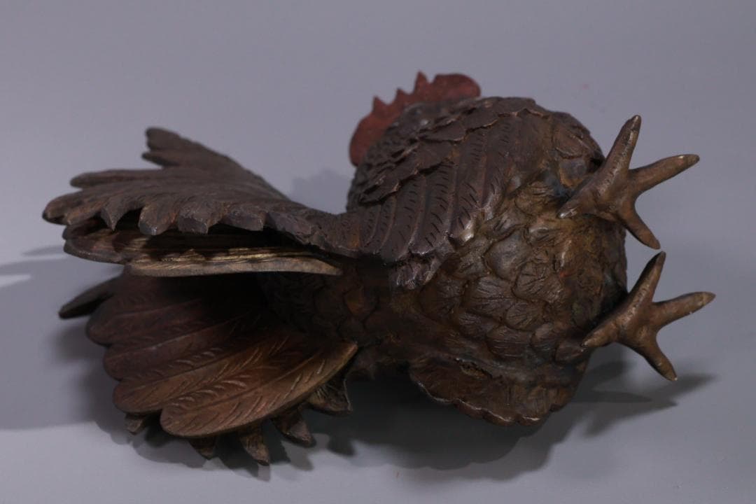 古銅 双鶏 親子鶏像 共箱 銅製 一対 ブロンズ オブジェ 細密彫刻 BE976