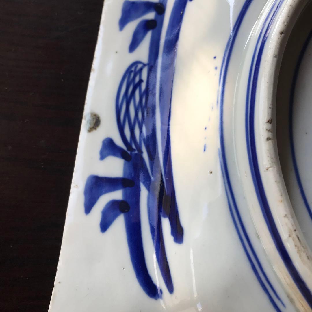 美品　古伊万里　陶器　年代物　盛り皿　角皿　八角絵皿　線画　山水の絵柄が素敵な