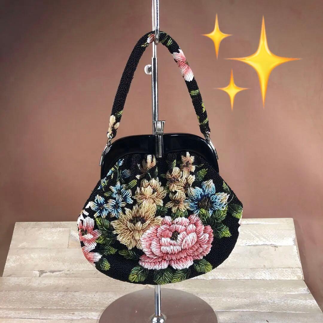 昭和ロマン　がま口　花柄刺繍 ビーズハンドバッグ 黒