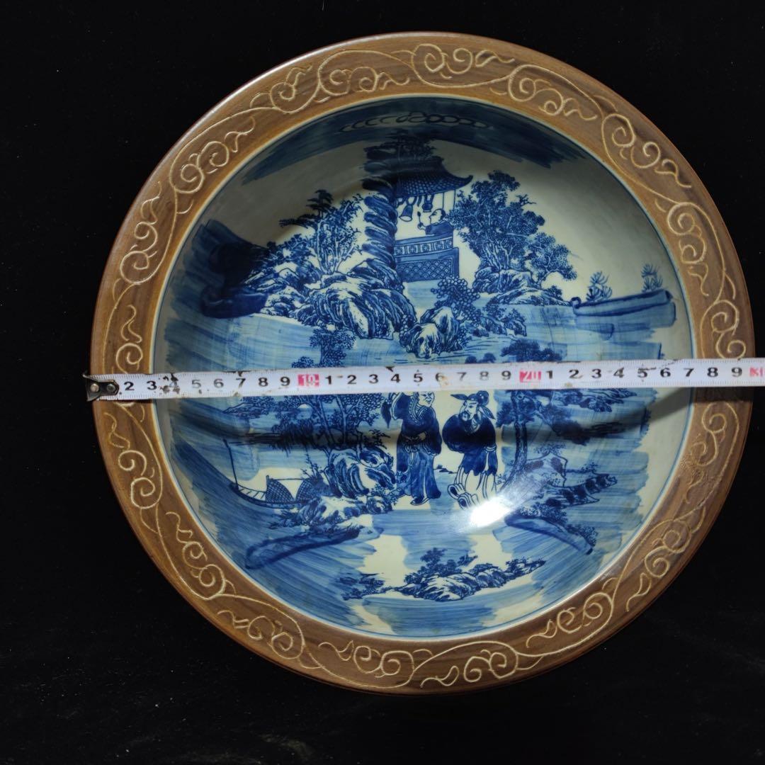 時代物　旧蔵　清国　大型　青花瓷 山水人物図　お皿　陶器　置物