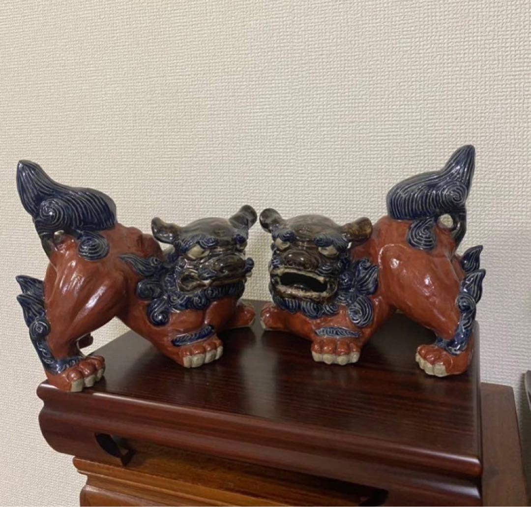 琉球 沖縄　壺屋焼赤絵　陶器獅子威嚇 魔除け　シーサ置物作家物 2點セット希少品