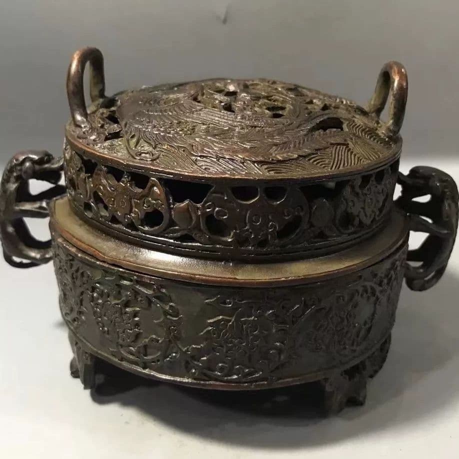 銅器 龍鳳盤香炉 薫香炉 香具 香道具 装飾品 工芸品 美術品 置物