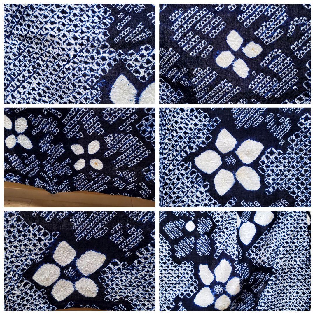 A9 有松鳴海絞り 流れに花模様 藍染 白色 綿 浴衣 着物 06