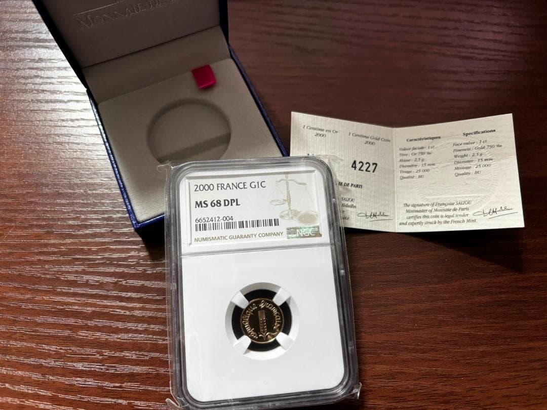 【金貨】フランス 2000年 麦穂1サンチーム金貨 NGC MS68DPL