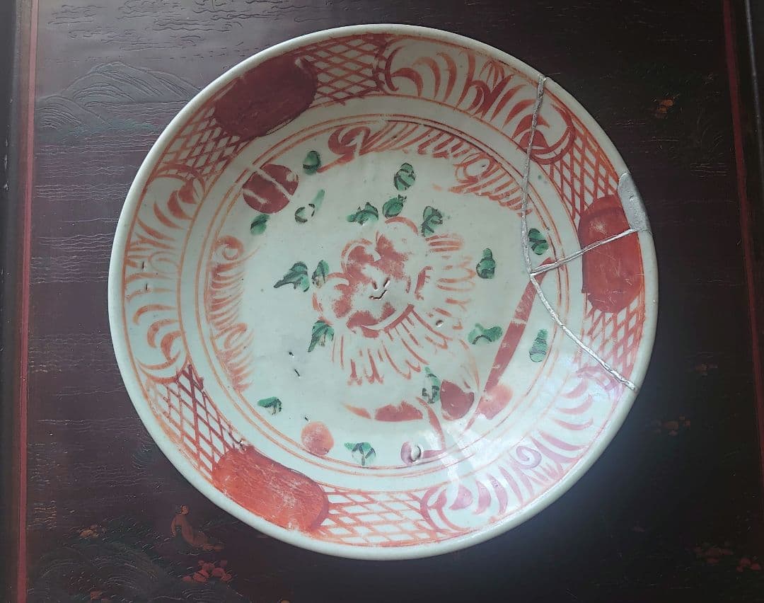 明末清初 呉須赤絵大皿 7寸 21cm 銀継ぎ
