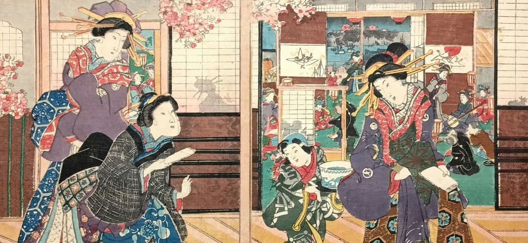 浮世絵版画、當世美人花之賑三枚綴り国輝舎国彦画（歌川国彦)安政2年出版