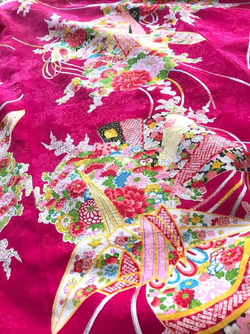 正絹 アンティーク着物 女の子 七五三 ◇檜扇 折鶴 まり 古典柄