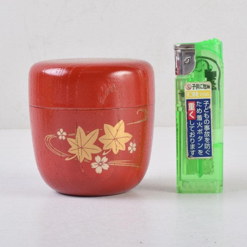 茶道具　朱塗　花草蒔絵　中棗　表千家即中斎花押　合わせ箱　V　8741