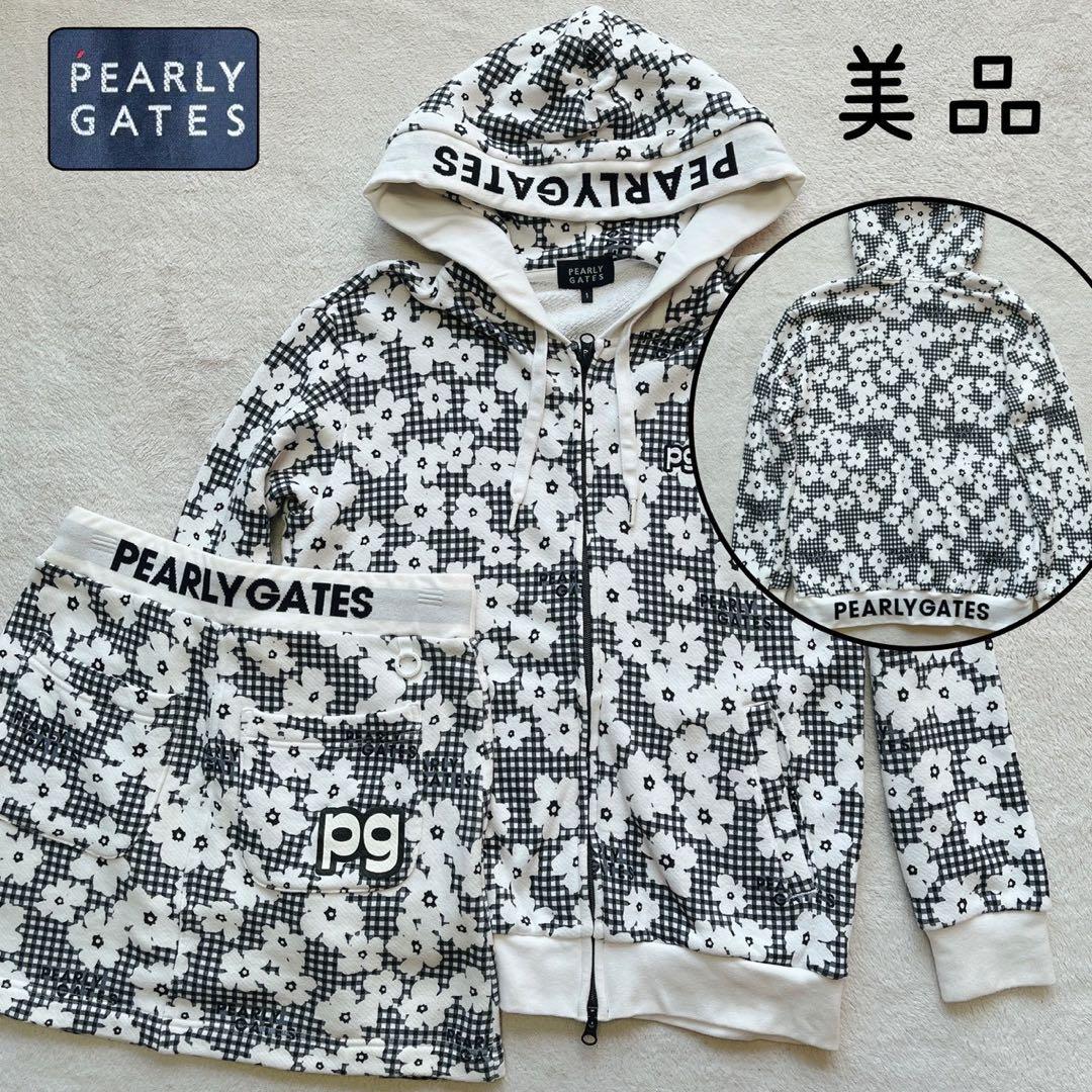 美品　パーリーゲイツ セットアップ　パーカー　スカート　チェック　花柄　裏毛