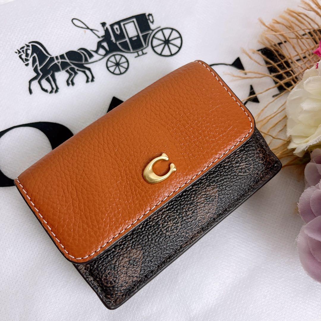 新品未使用 COACHコーチ 三つ折り財布 コンパクト ブラウン 馬車.