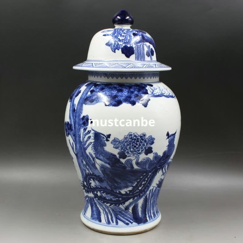 清康煕青花鳳凰牡丹将軍缶 景徳鎮 陶磁器 装飾品 現代工芸品 美術品 置物