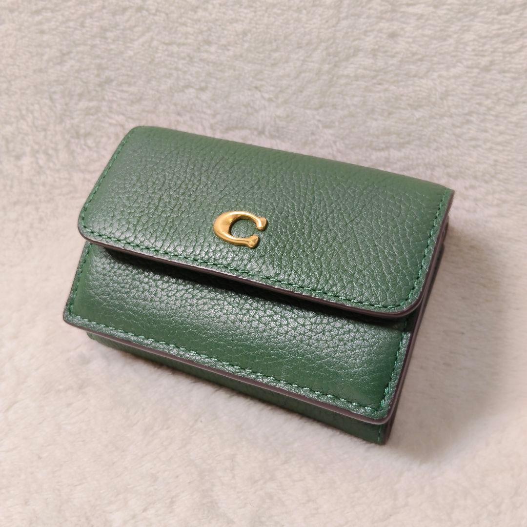 美品 COACH コーチ グリーン 折り財布 レザー ミニ トライフォールド