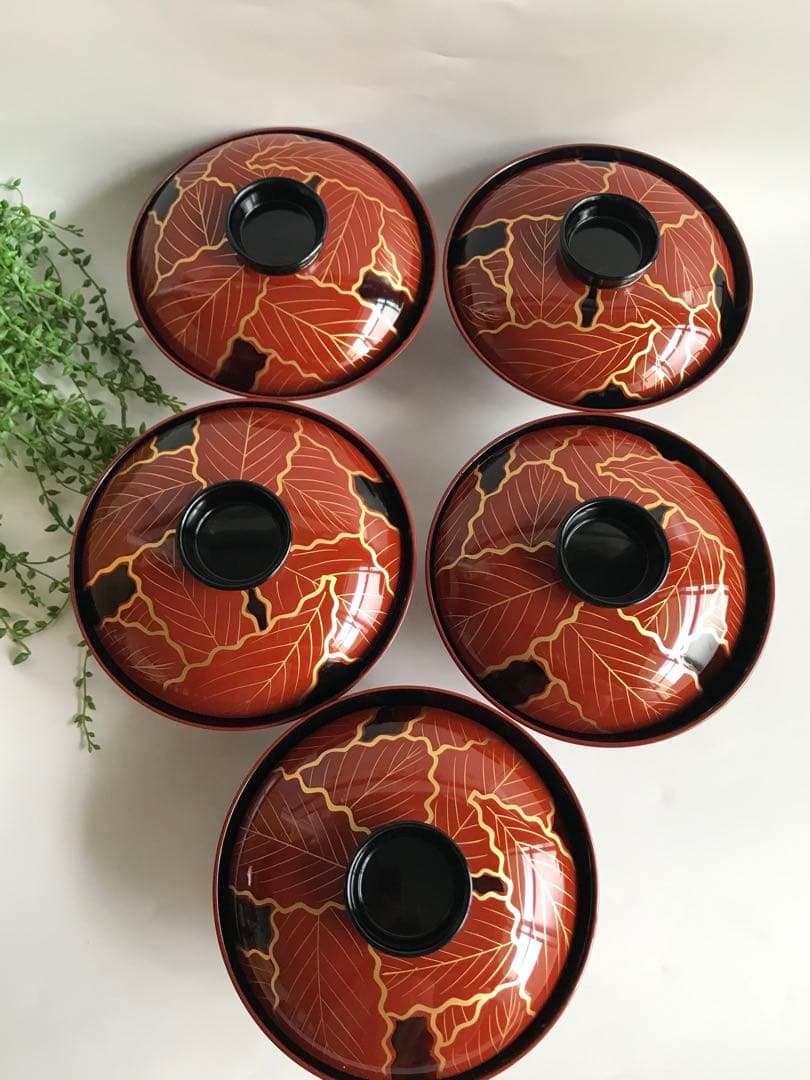 輪島塗　木製 柏葉尽蒔絵　縁起　大椀　5客