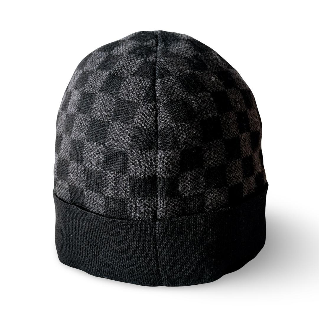 【美品】ルイヴィトン ダミエ柄 LVロゴ ニットキャップ 黒 男女兼用
