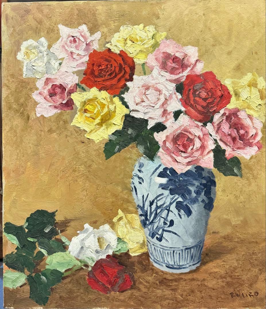(14) 真作　関川富士郎　直筆サイン入　油彩　絵画　薔薇　アンティーク