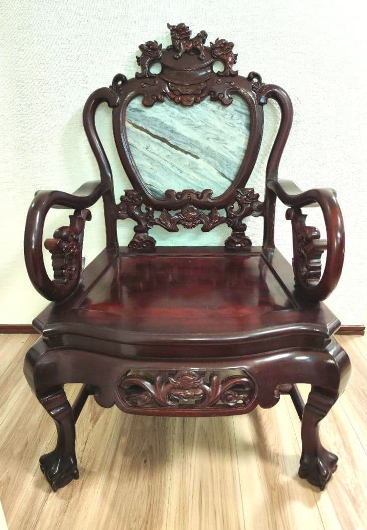 残り2脚　希少骨董　 大理石インレイ椅子　玉座　宮廷　紅木　紫檀黒檀花梨李朝　③