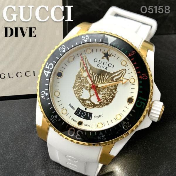 保証書付き グッチ/GUCCI ダイブ 猫 メンズ腕時計 デイト スイス ラバー