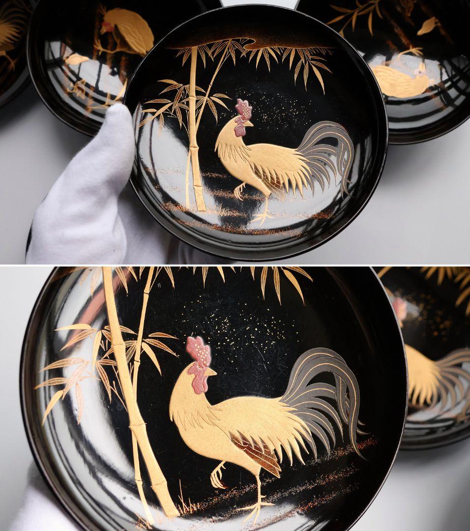 【CM353】時代蒔絵椀 竹に鶏金蒔絵 平椀三客 木製 /(検) 輪島塗加賀能登