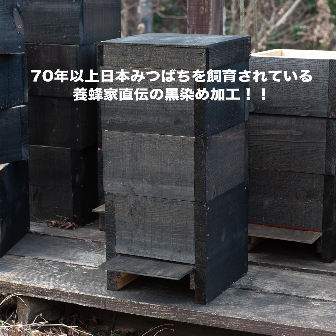 日本蜜蜂巣箱　黒染め加工　底板2タイプ（夏冬交換）3段重箱　まち箱　巣落ち、