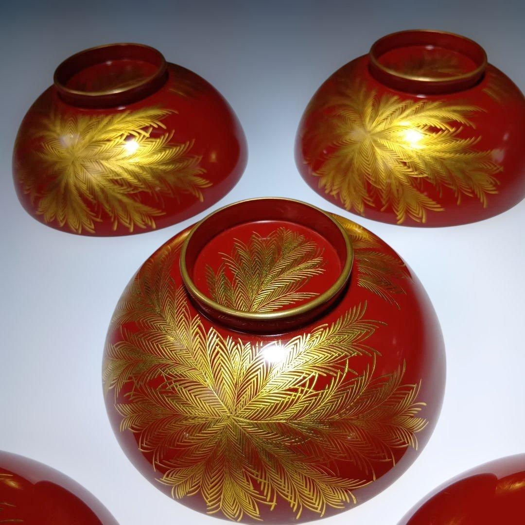 輪島塗　蒔絵沈金塗　吸物椀五客　共箱　 美品