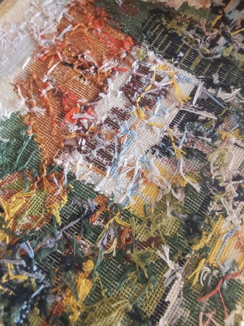 アンティーク イギリス ニードルワーク刺繍マット 水源 水と森と家と空 田園風景