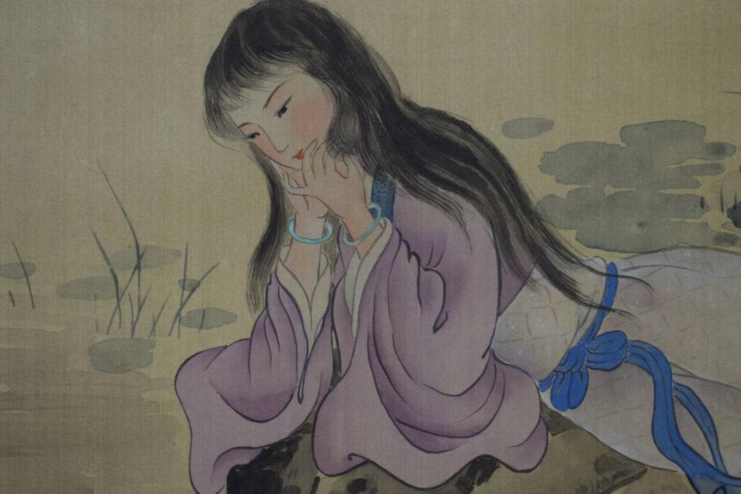 不詳/作者不詳/蓮に美人図/中国/布袋屋掛軸HJ-188