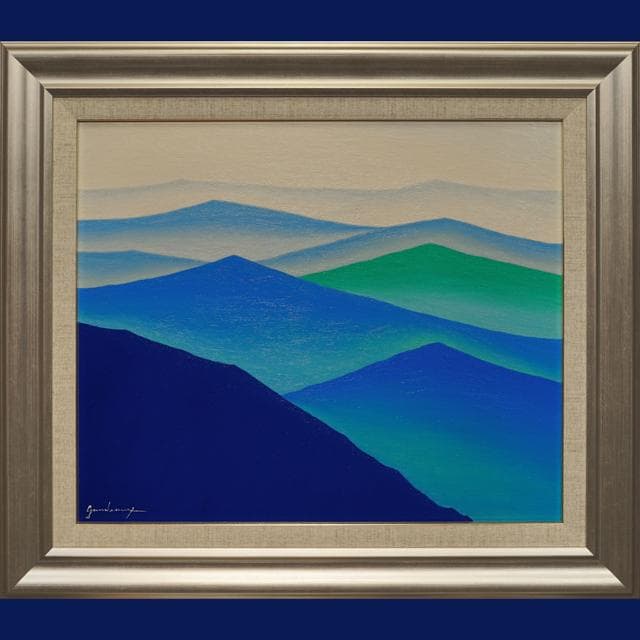 肉筆油絵◆『青のやまなみ』◆がんどうあつし作者直接真作直筆絵画F8号シルバー額付