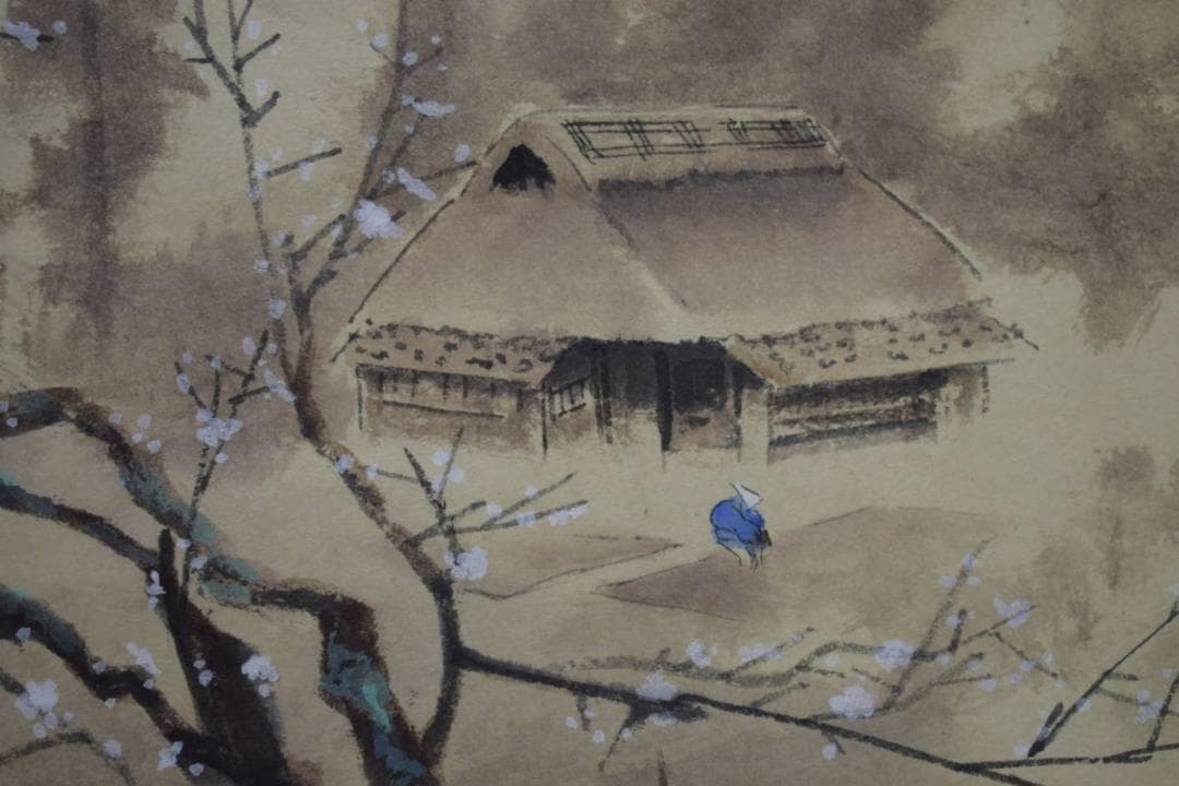 真作/明峰/桜/山水人物図/布袋屋掛軸HJ-11
