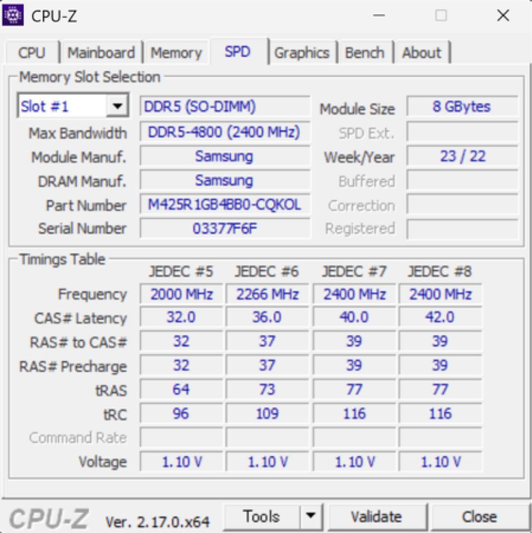 DDR5 8GB ノートPC用メモリ SO-DIMM 動作確認済