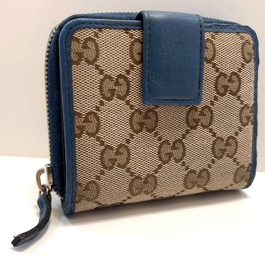 グッチ 折り財布 GGキャンバス GG ラウンドファスナー コンパクト ブルー