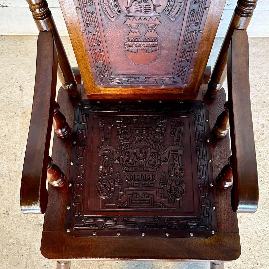 ✦ レトロ アンティーク調ロッキングチェア ✦ 木製×レザー 彫刻装飾ビンテージ