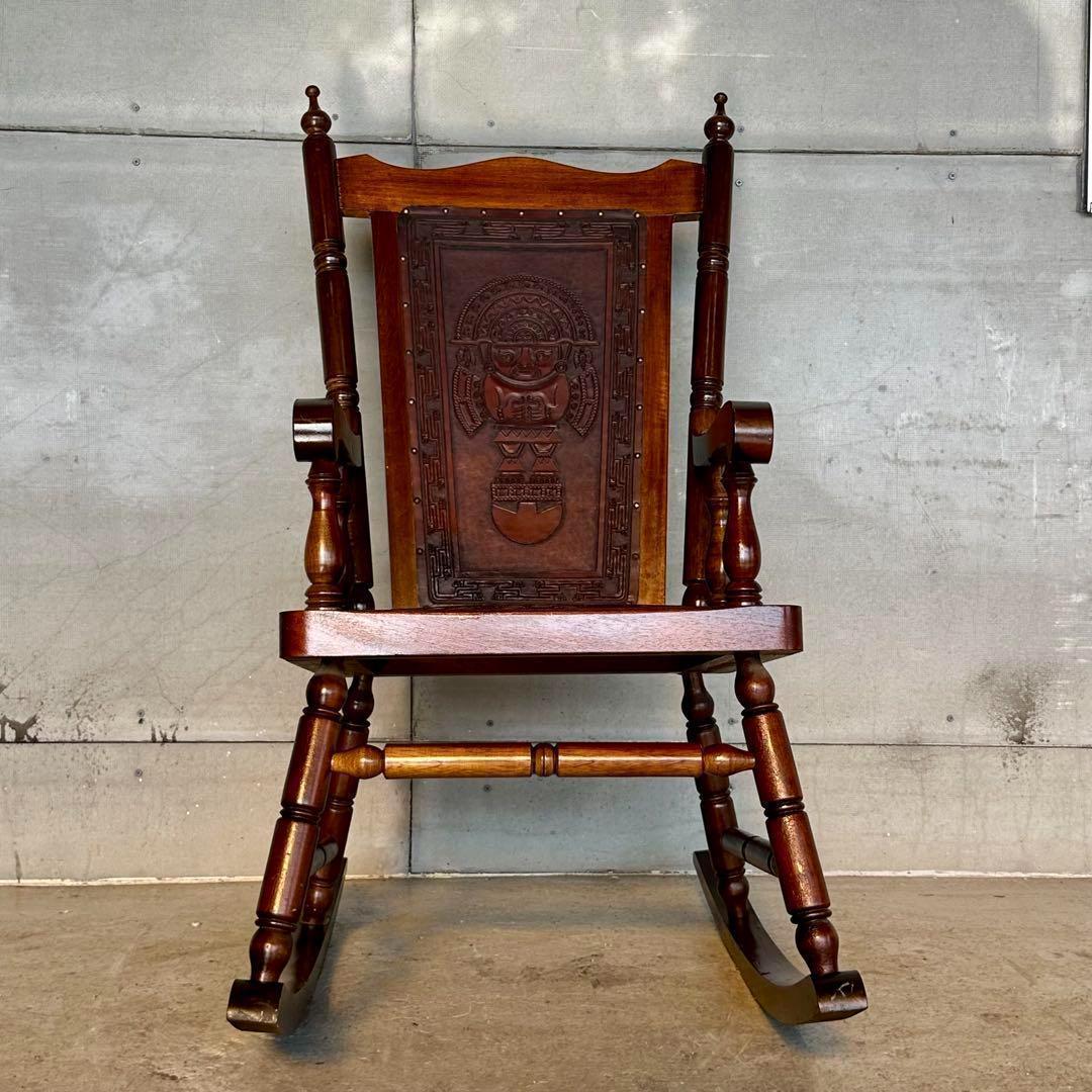 ✦ レトロ アンティーク調ロッキングチェア ✦ 木製×レザー 彫刻装飾ビンテージ