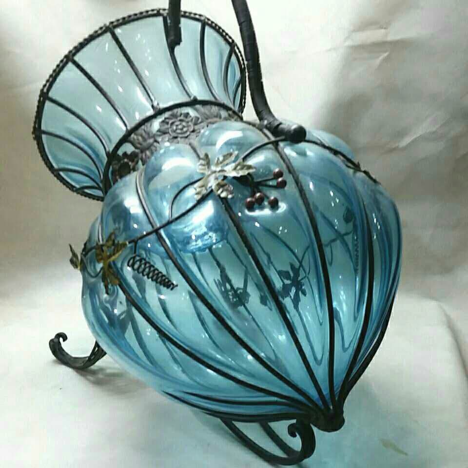 ★大きなベネチアン アイアン 手吹き ガラス 花器 アンティーク プランター