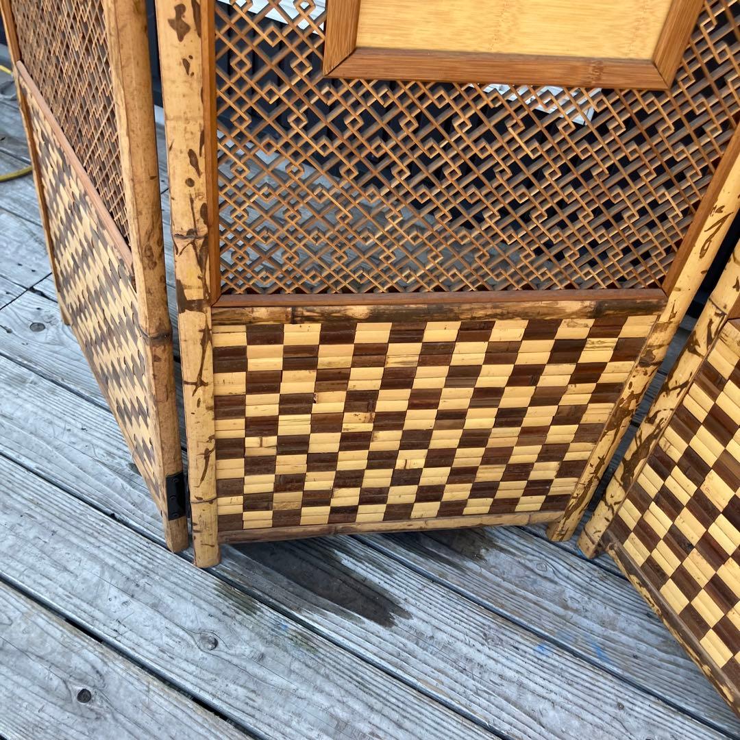 昭和レトロ 竹製格子型屏風 日本画 春夏秋冬草花 4枚 パーテーション 衝立