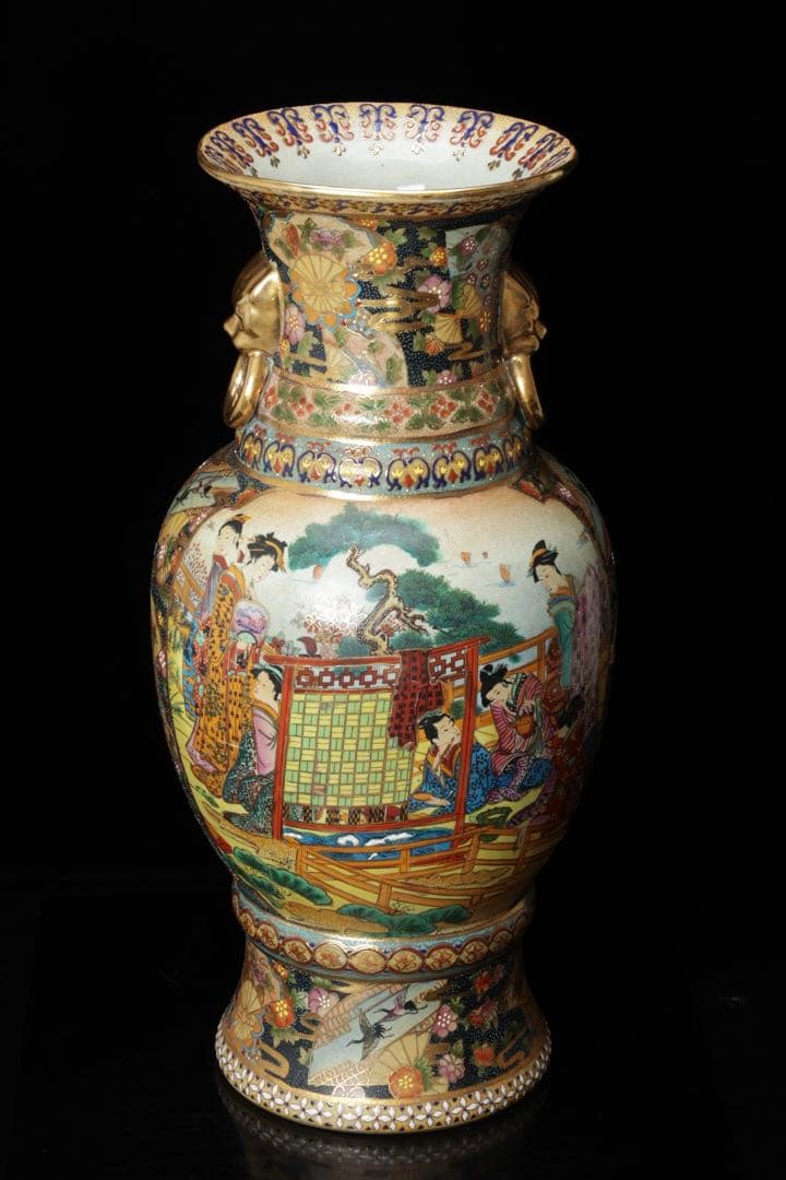 薩摩焼 金薩摩 美人図 大花瓶 高さ61.5㎝ 飾壷 耳付き 花入 古美術品