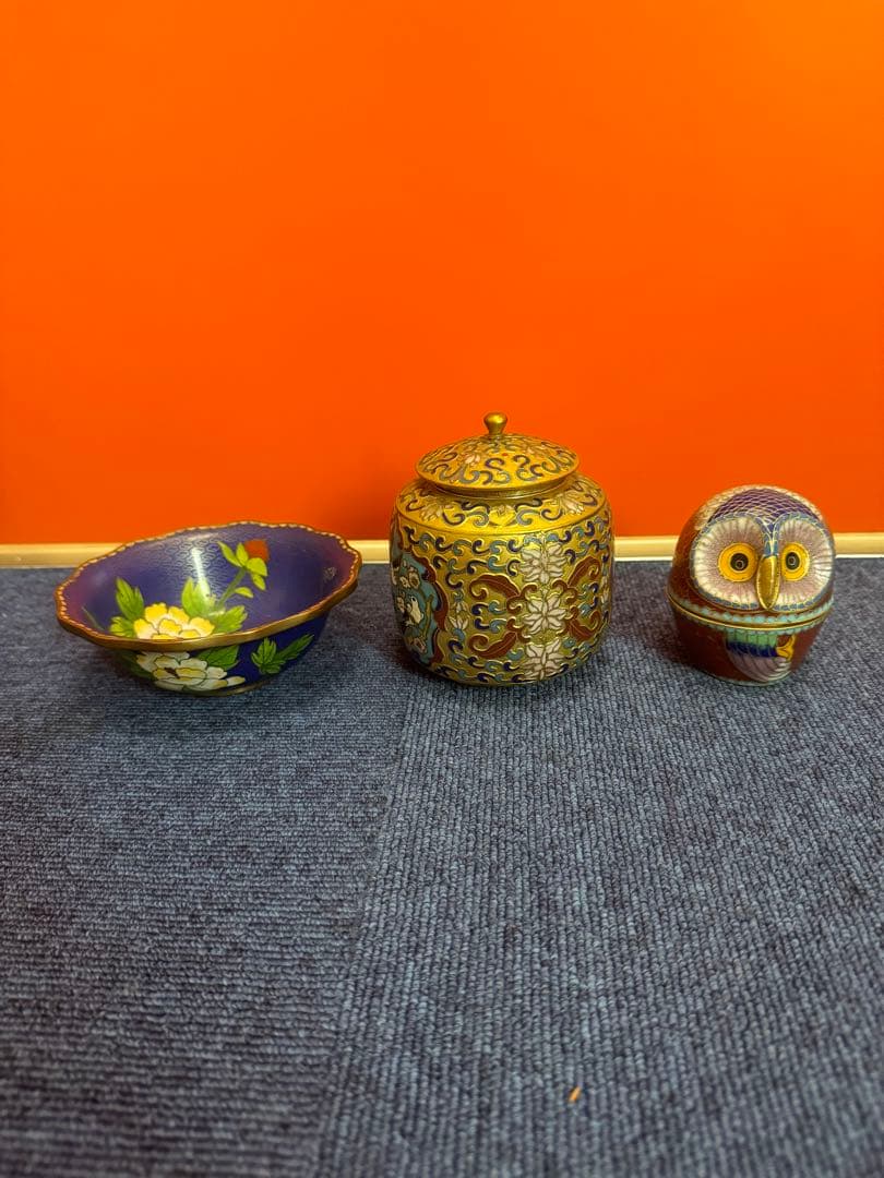 1852   七宝焼　景泰藍　碗1客　茶入1客　フクロウ1客