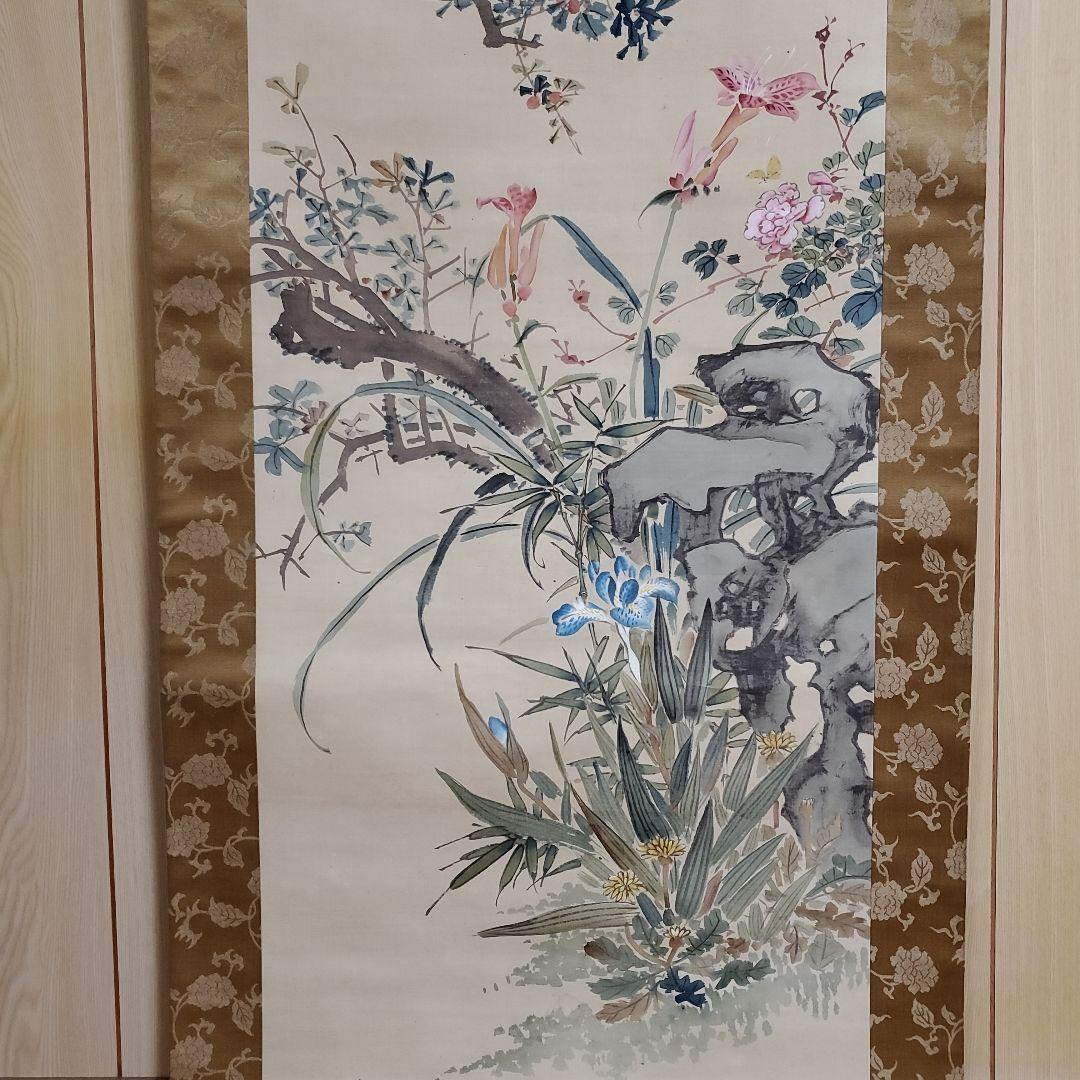 掛け軸　草花図　山本梅逸(肉筆)